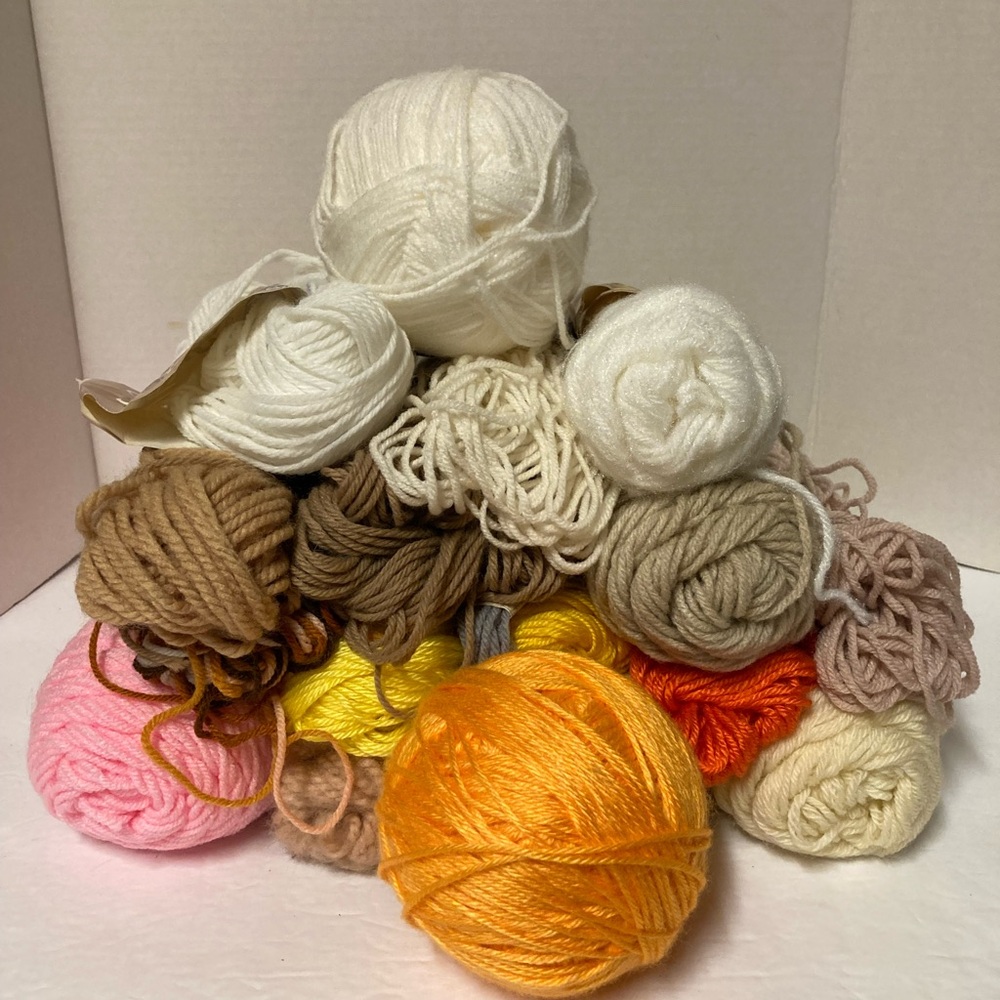 Lot Of 18 Partial Yarn Skeins Yarn Balls Mixed Lot Yellow Orange Pink Tan White